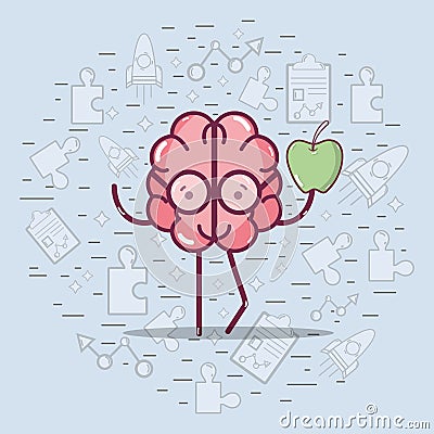 Icon adorable kawaii brain eating apple Vector Illustration