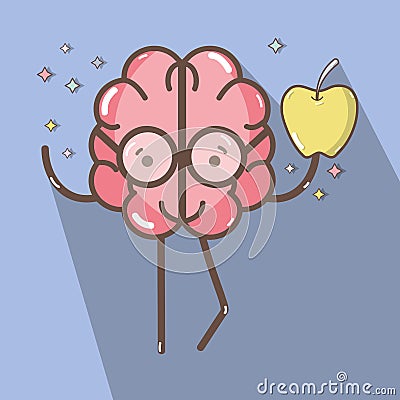 Icon adorable kawaii brain eating apple Vector Illustration