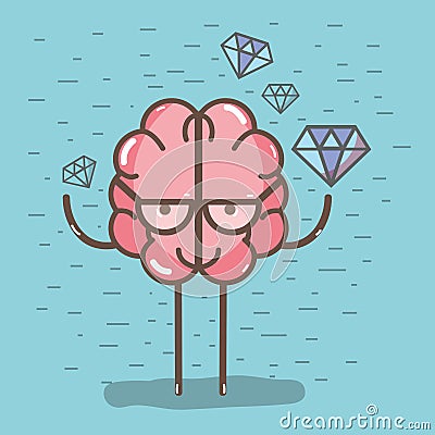 Icon adorable kawaii brain with a lot of diamond Vector Illustration