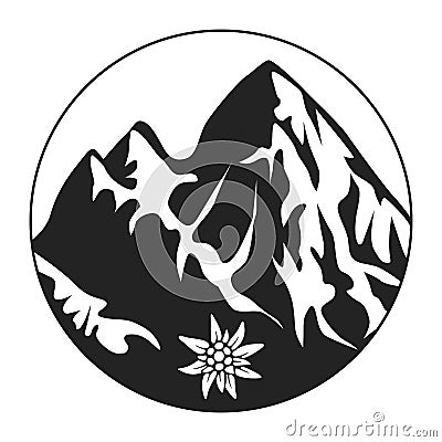 Icon Of The Alps. Snow-capped mountains in a circle with an Edelweiss flower. Vector illustration isolated on a white background Vector Illustration