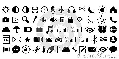android default apps icon collection battery calculator message clock phone camera wifi search share flash contacts Vector Illustration