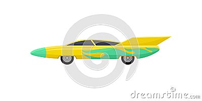 Flat vector icon of bright yellow racing car with green wrap decal, side view. Fast sports vehicle with tinted windows Vector Illustration