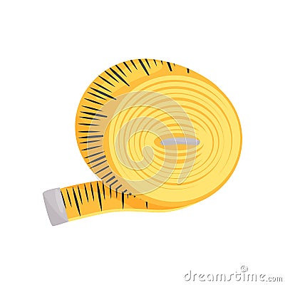 Flat vector icon of bright yellow sewing tape measure. Instrument for measuring length. Clothing tailoring theme Vector Illustration