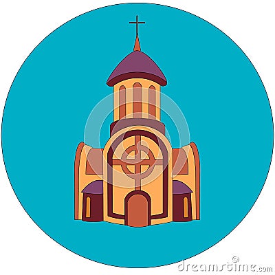 Brown church building with belfry and cross at the top and two extensions with windows on the side and big door in Vector Illustration