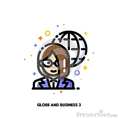 Icon of businesswoman on a background of globe for international businessperson concept. Flat filled outline style. Pixel perfect Vector Illustration