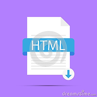 Icon, button, download HTML file, Document upload concept, File with HTML sign and a sign with an arrow to the bottom. Vector Vector Illustration