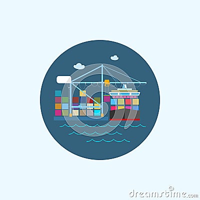 Icon with cargo container ship and cargo crane Vector Illustration