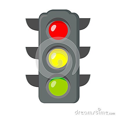 Icon cartoon traffic light. Signals with red light above yellow and green. Isolated on white background. Vector Vector Illustration