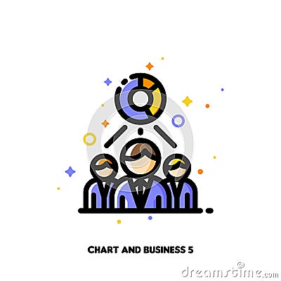 Icon of chart and three business persons for economic research or financial analysis concept. Flat filled outline style Vector Illustration