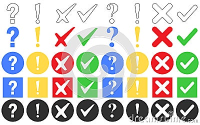 Check box tick mark icon set button question mark exclamation mark correct right wrong yes or no checkmark red cross Vector Illustration
