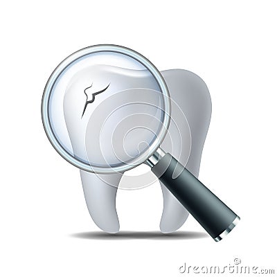 Icon check teeth at dentist. Cracked caries tooth under magnifying glass. Vector Illustration