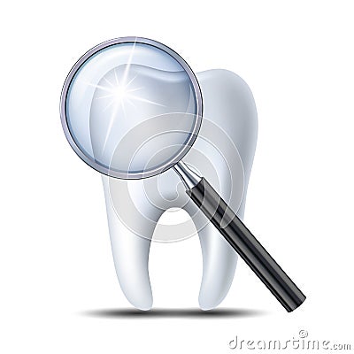 Icon check teeth at dentist. Healthy shiny tooth under magnifying glass Vector Illustration