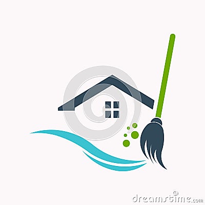 An Icon Clean Home Service Logo - A Broom Sweeping with Freshness Waves and Bubbles, Representing House Cleaning and Vector Illustration