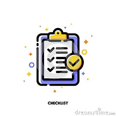 Icon of clipboard with checkmarks on paper sheet for checklist concept. Flat filled outline style. Pixel perfect 64x64 Vector Illustration