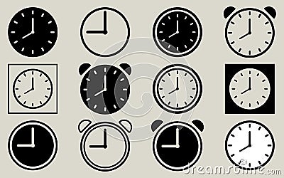 Clock icon collection time watch vector buttons set alarm hour countdown timer white tranparent background Vector Illustration