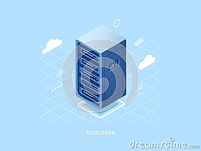 Icon of cloud storage technology, flat isometric server room rack, blockchain security concept, web hosting internet Vector Illustration