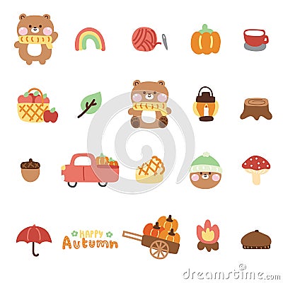 Icon collection.Set of cute teddy bear in autumn concept.Wild animal Vector Illustration