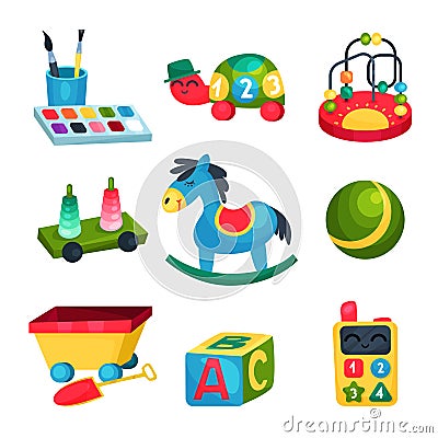 Collection of various children s toys. Ball, rocking horse, ABC cube, bead maze, turtle with numbers, paints with Vector Illustration
