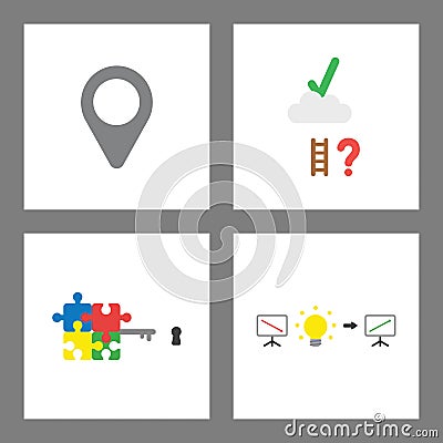 Icon concept set. Map pointer, reach check mark on cloud, puzzle key, sales chart down, idea and up Vector Illustration