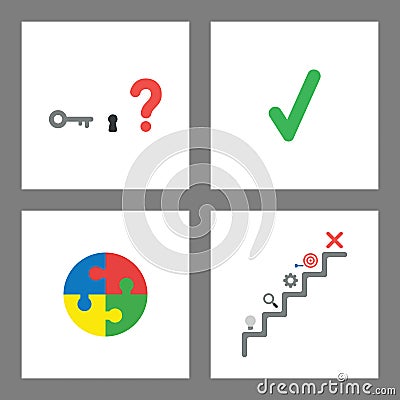 Icon concept set. Unlock keyhole, check mark, connected puzzle pieces and unsuccess stairs Vector Illustration