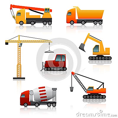 Icon construction equipment crane, scoop, mixer with reflectio Vector Illustration