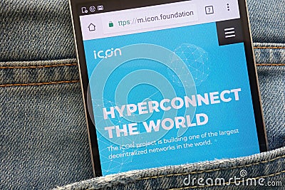 ICON cryptocurrency website displayed on smartphone hidden in jeans pocket Editorial Stock Photo