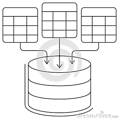 Icon of a database system with multiple tables merging into a central storage Vector Illustration