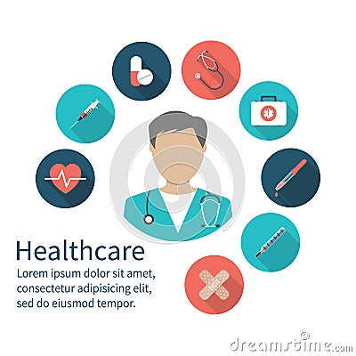 Icon doctor. Medical concept. Emergency doctor with medical equi Vector Illustration