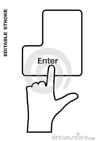 Icon editable stroke, human hand presses the keyboard button Enter with the index finger. Getting help, additional information. Vector Illustration