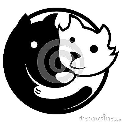 Icon or emblem representing dog and cat embracing in balance and harmony, remembering the Yin-yang. Ideal for promotional and inst Vector Illustration