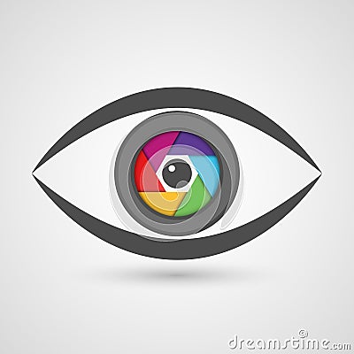 Icon eye as camera lens with colorful diaphragm shutter. Vector Illustration