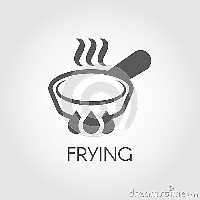 Icon of frying pan with steam spires on hob. Label in linear style for culinary design needs. Vector illustration Vector Illustration