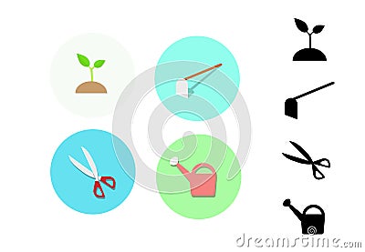 Icon for gardening. Plant, Hoe, Scissors, Watering Vector Illustration