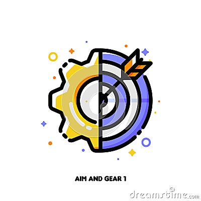 Icon of gear and dartboard with arrow for setting goals is one key to success concept. Flat filled outline style. Pixel perfect Vector Illustration