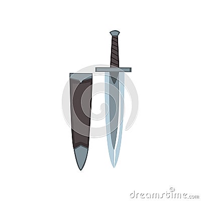 Icon of Georgian dagger with case. Stabbing weapon. Short sword. Steel knife with black handle and shiny sharp blade Vector Illustration