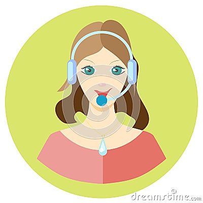 Icon girl call center employee in a flat style. Vector image on a round colored background. Element of design, interface Vector Illustration