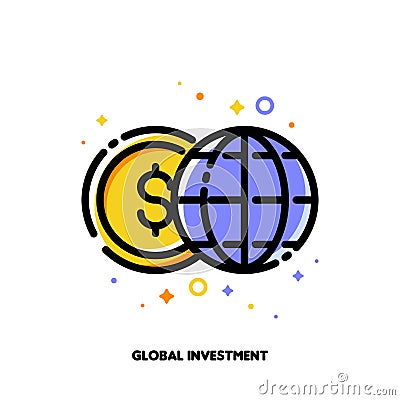 Icon of globe and dollar for global investment or world financial system concept. Flat filled outline style. Pixel perfect 64x64 Vector Illustration