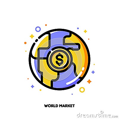 Icon of globe and dollar for world market or global financial system concept. Flat filled outline style. Pixel perfect 64x64 Vector Illustration