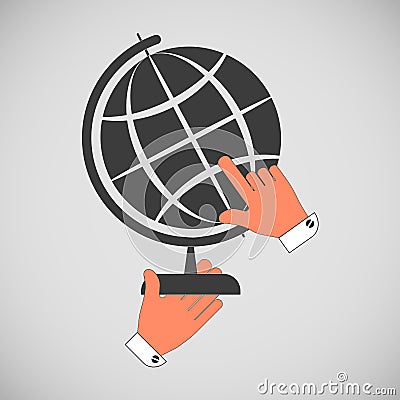 Icon globe, earth layout with a stand in the hands isolated on a gray background. Vector Illustration