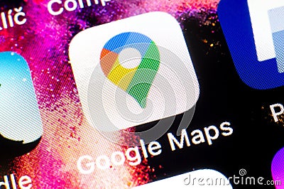 Icon of Google Maps navigation mobile app on iOS device Editorial Stock Photo