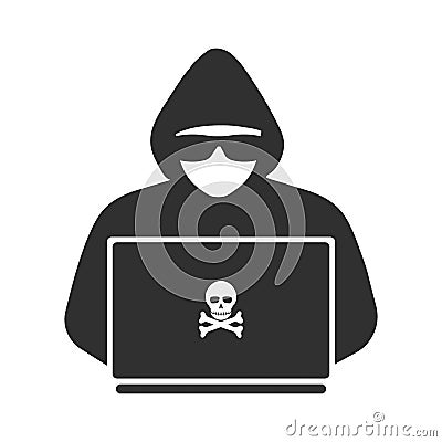 Icon of a hacker with a laptop. Vector Illustration