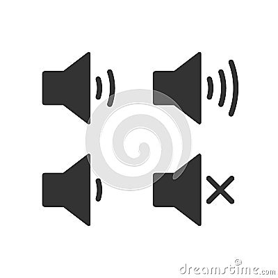 An icon that increases and reduces the sound. Icon showing the mute. A set of sound icons with different signal levels in a flat Vector Illustration