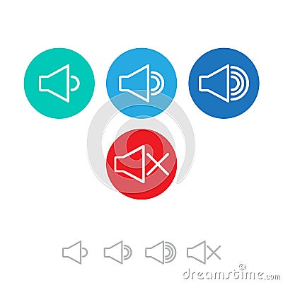 Icon that increases and reduces the sound. Icon showing the mute. A set of sound icons with different signal levels. Vector Illustration