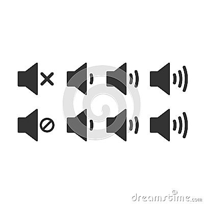 An icon that increases and reduces the sound. Icon showing the mute. A set of sound icons with different signal levels in a flat Vector Illustration