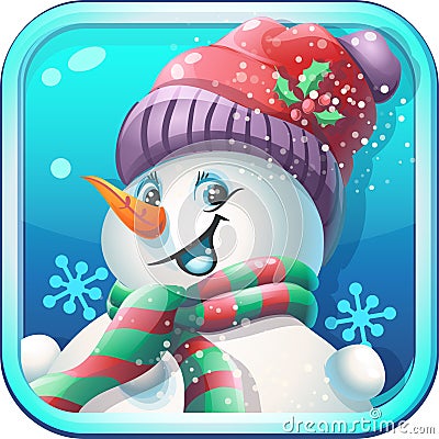 Icon jolly snowman in cap for computer game Vector Illustration