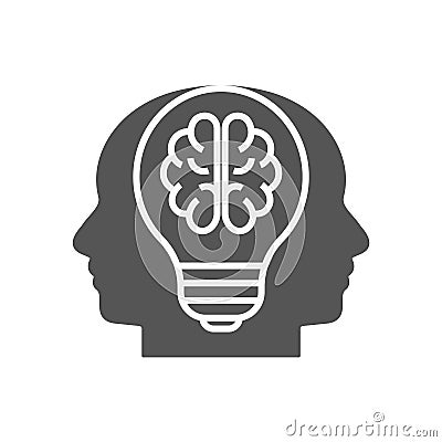 Icon with light bulb, human heads. Creative idea, mind, thinking logo. EPS 10 Vector Illustration