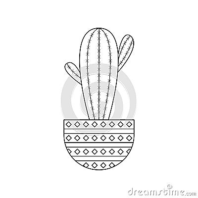 Icon with linear cactus. Linear vector illustration with exotic cactus. Succulent outline logo. Decorative flowering plant Vector Illustration