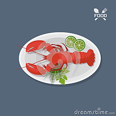 Icon of lobster with lime on a plate. Top view. Restaurant dish. Seafood. Image of langust Vector Illustration