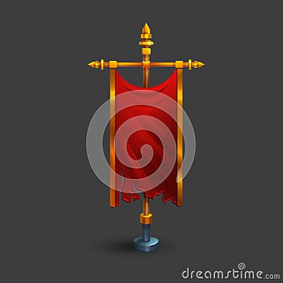 Icon of medieval vertical red flag with flagpole for game. Vector Illustration