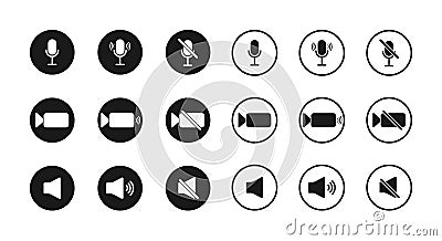 Icon of microphone, sound and camera. Button for mute, zoom and mic. Symbols of interface for video, audio and speakers. Signs of Vector Illustration